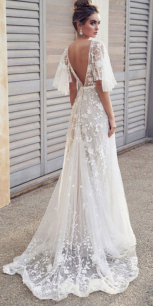 Popular White Lace Open Back Wedding Gown With Cap Sleeves
