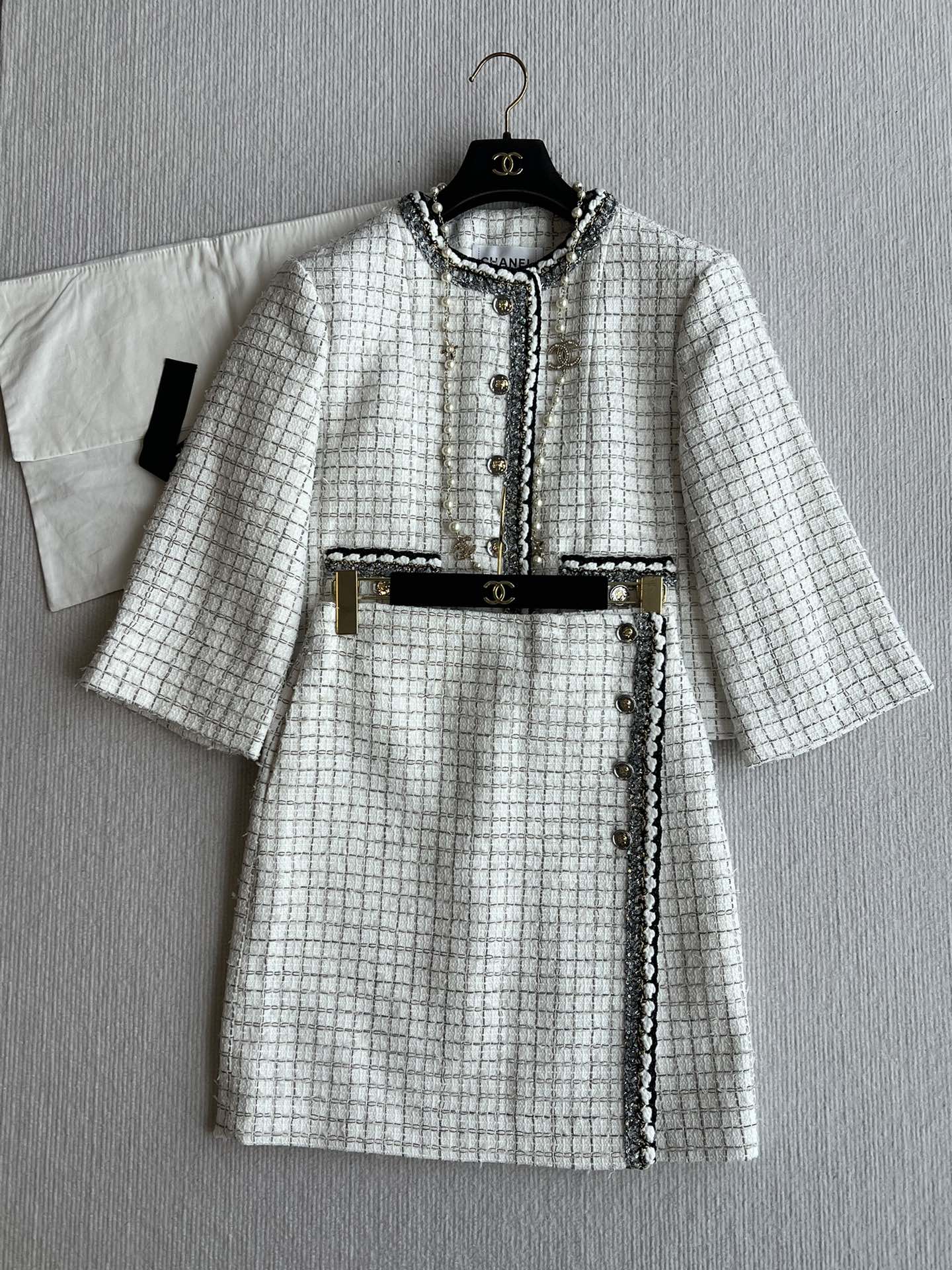 CC 25 Tweed Plaid Skirt White Cotton Polyester 244374