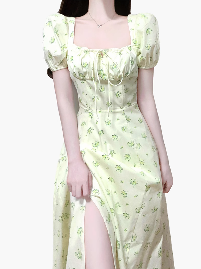 2025 Summer New French Square Neck Puff Sleeve Small Fresh Floral Long Dress R0958