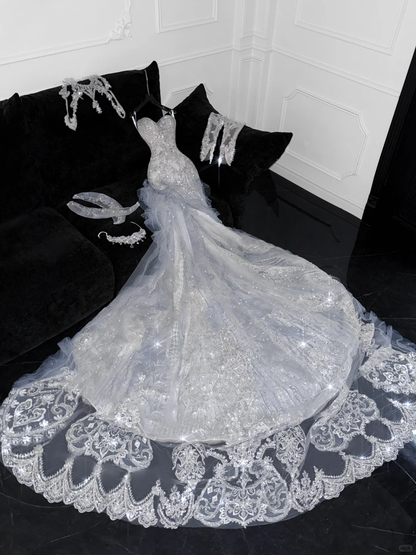 Elegant Sweetheart Lace Tulle Beaded Applique Design Gorgeous Mermaid Floor-length Wedding Dress TP4168