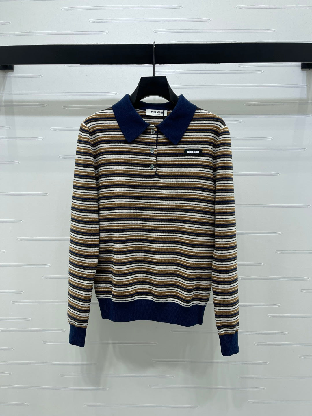 Miu Miu Striped Logo Polo Shirt beige and brown virgin wool 340970