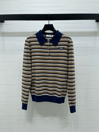 Miu Miu Striped Logo Polo Shirt beige and brown virgin wool 340970