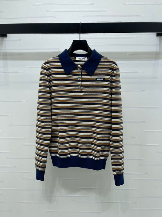 Miu Miu Striped Logo Polo Shirt beige and brown virgin wool 340970