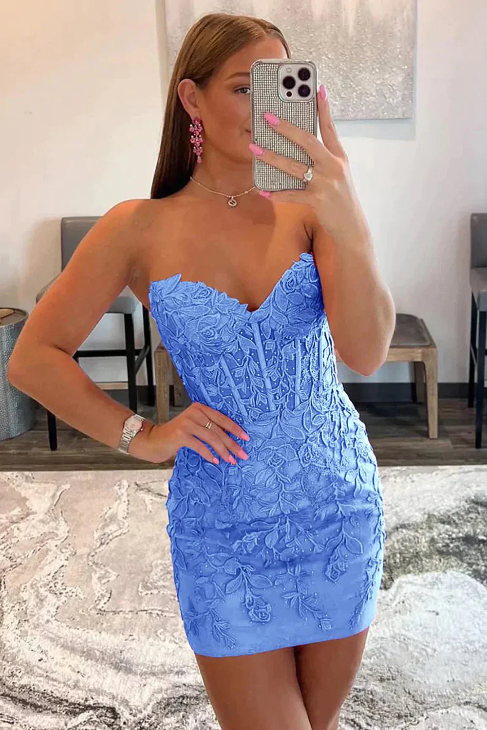 Short Lace-Up Homecoming Dress with Sweetheart Neckline and Appliques