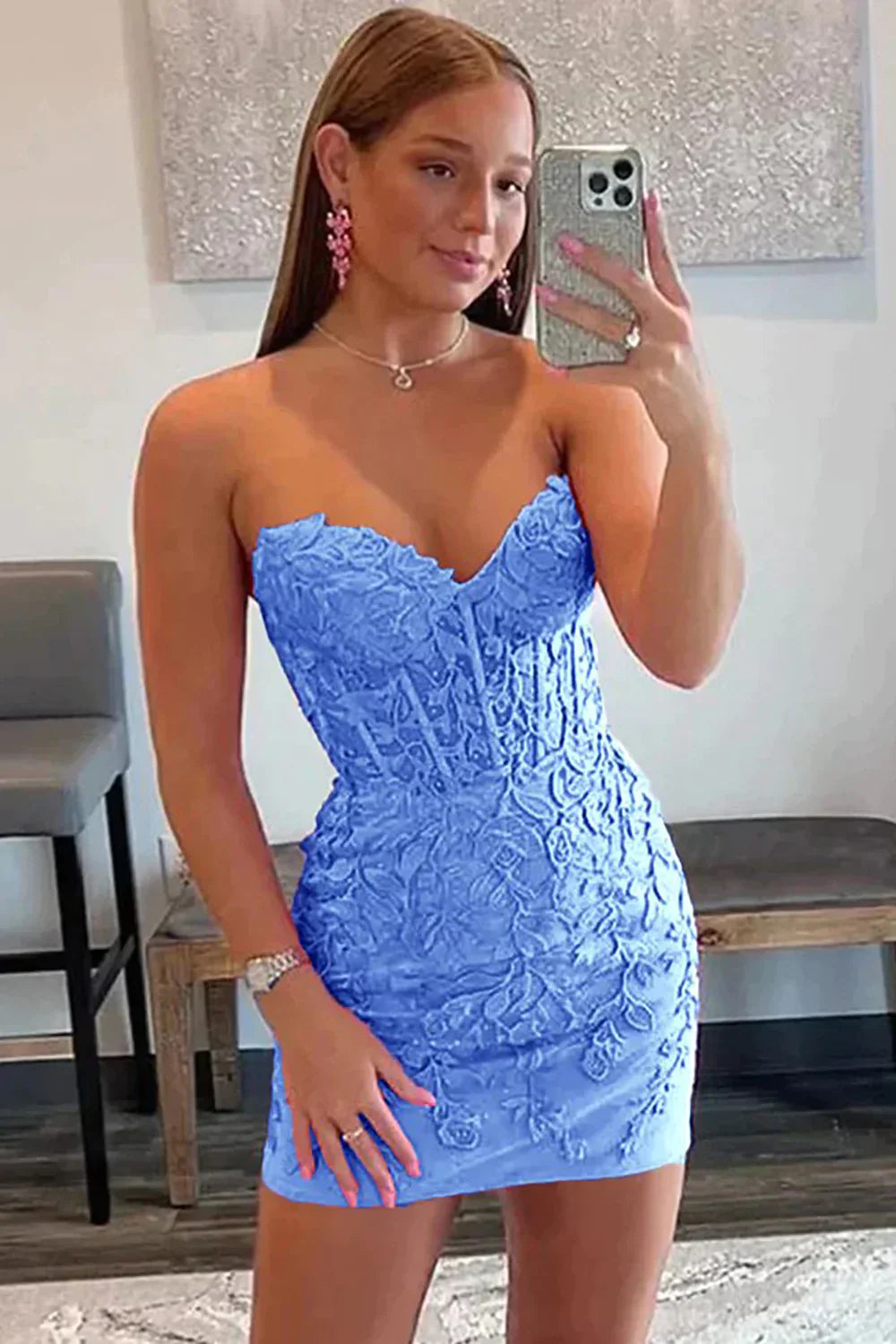 Short Lace-Up Homecoming Dress with Sweetheart Neckline and Appliques