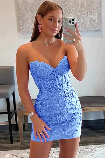 Short Lace-Up Homecoming Dress with Sweetheart Neckline and Appliques