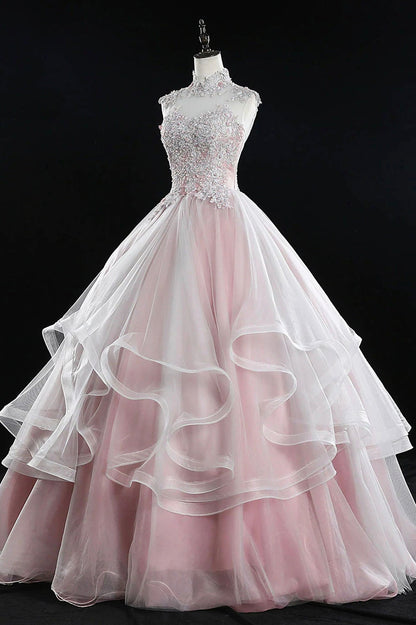 Pink Tulle Lace Sweet 16 Dresses,Long Quinceanera Dresses