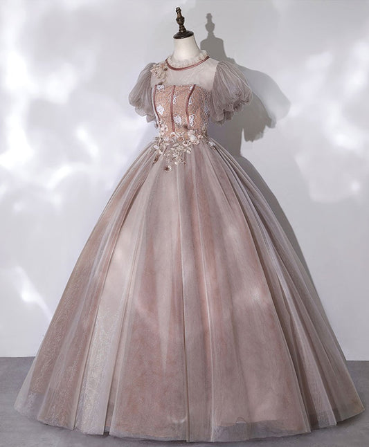 Pink tulle lace long prom dress pink lace prom gown BD54