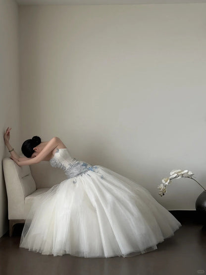 Dreamy White And Blue Gradient A-line Strapless Tulle Long Prom Dress Wedding Dress P4020