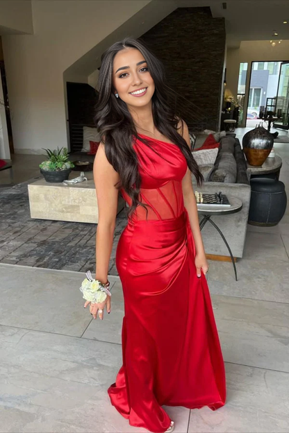 omberprom Sheath Evening Dress One Shoulder Pleated Satin Long Prom Dress