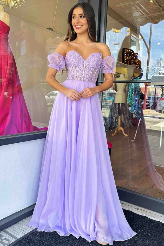 omberprom Elegant Off-Shoulder A-line Evening Dress Chiffon Applique Lace-Up Long Prom Dress