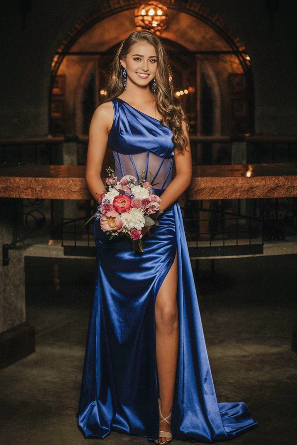 omberprom Sheath Evening Dress One Shoulder Pleated Satin Long Prom Dress