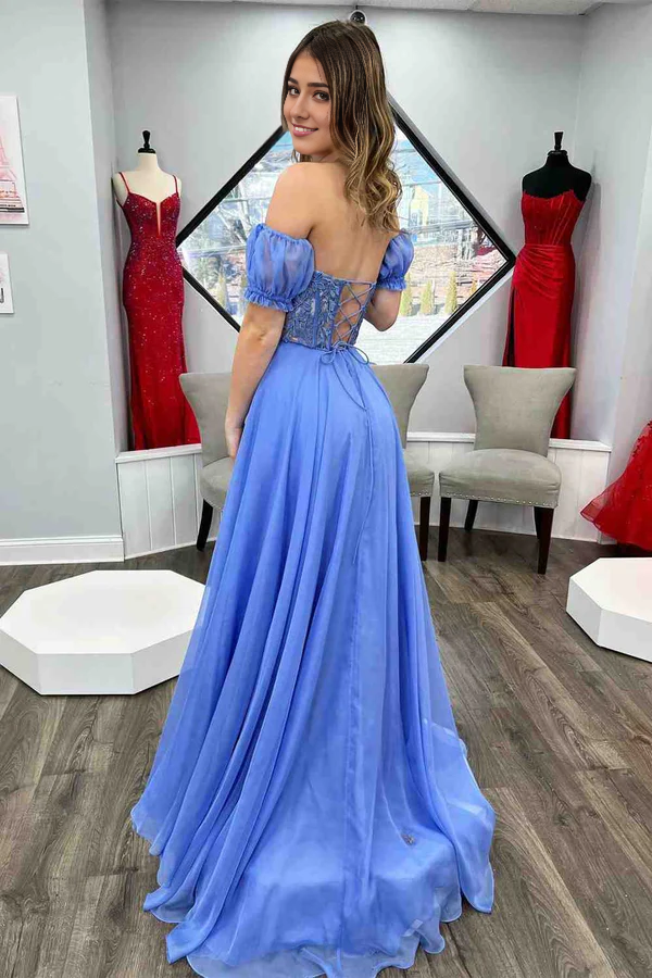 omberprom Elegant Off-Shoulder A-line Evening Dress Chiffon Applique Lace-Up Long Prom Dress