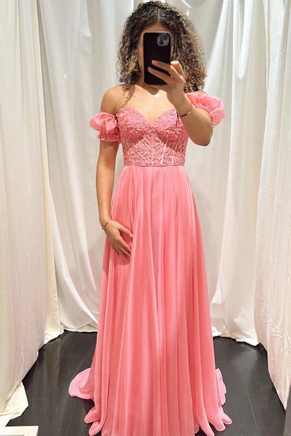 omberprom Elegant Off-Shoulder A-line Evening Dress Chiffon Applique Lace-Up Long Prom Dress