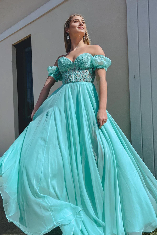 omberprom Elegant Off-Shoulder A-line Evening Dress Chiffon Applique Lace-Up Long Prom Dress