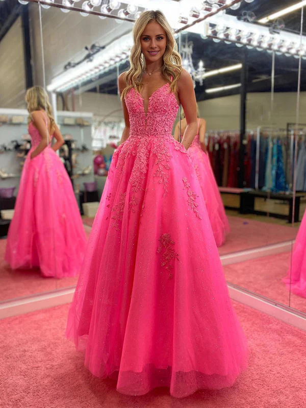 omberprom V Neck Pink A Line Evening Dress Lace Long Prom Dress