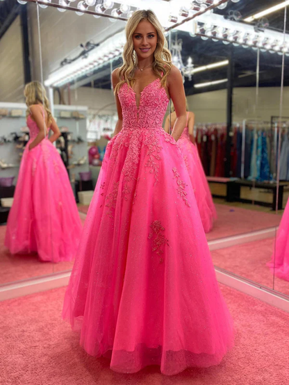 omberprom V Neck Pink A Line Evening Dress Lace Long Prom Dress