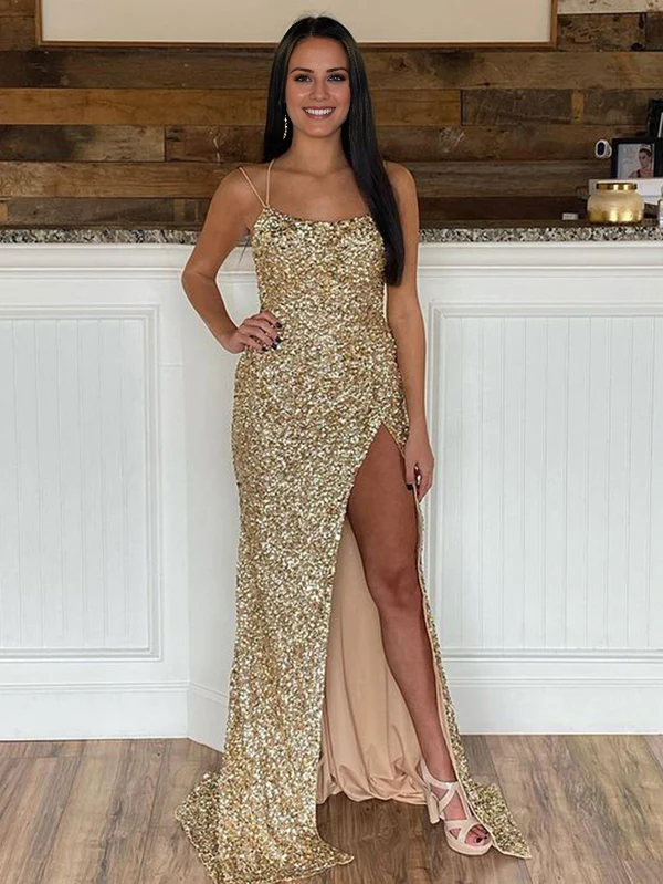 omberprom Mermaid Evening Dress Spaghetti Straps Long Sequins Prom Dress