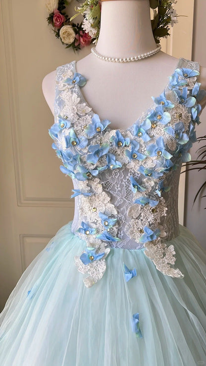 Dreamy Flower Fairy Light Blue 3D Floral V-Neck Tulle Ball Gown Evening Dress Wedding Dress P4202