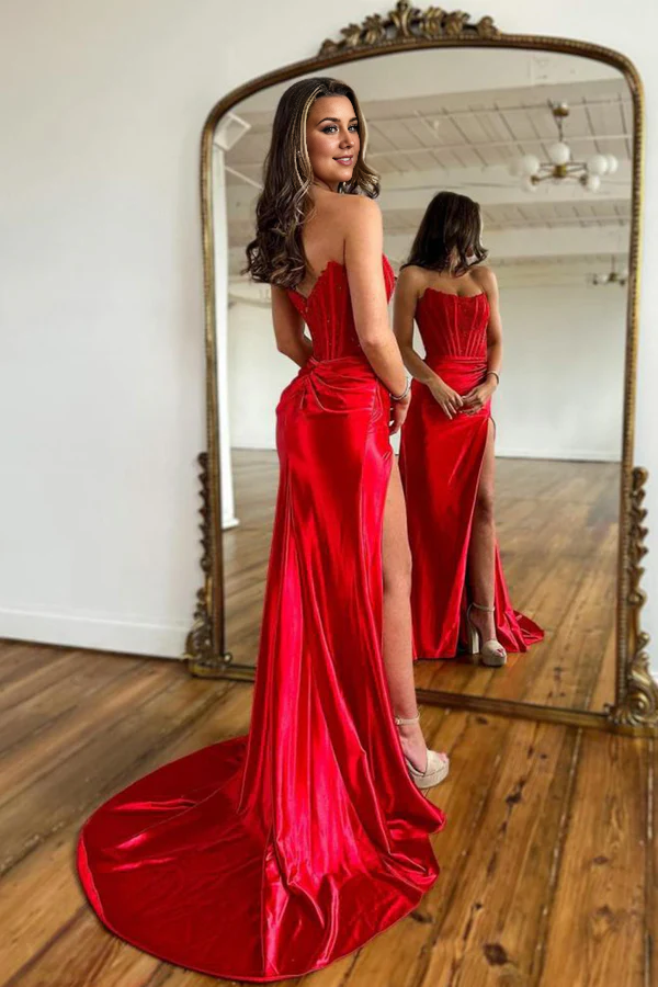 omberprom Sheath Evening Dress Strapless Corset Satin Prom Dress with Slit