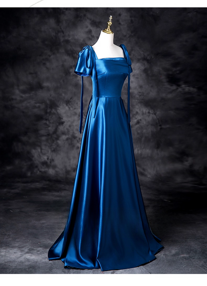 Vintage Royal Blue Satin Prom Dress A-Line Evening Gown Short-sleeved Party Dress Long Formal Dress TP5199