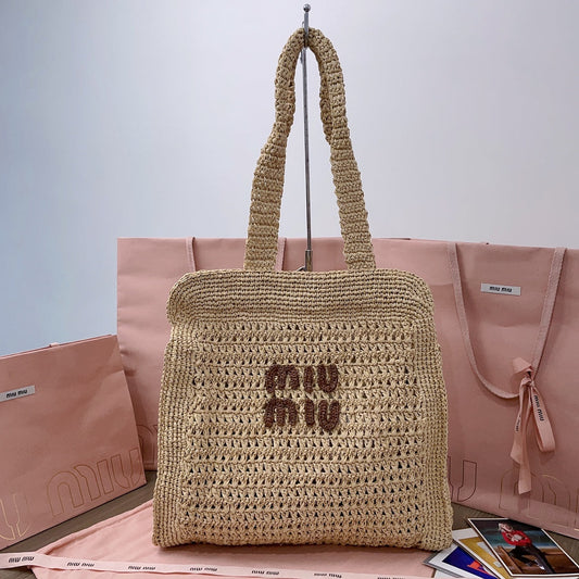 miu tote bag 38cm beige woven fabric