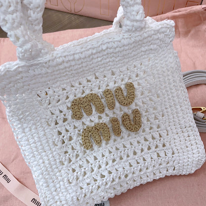 miu tote bag 22cm white woven fabric