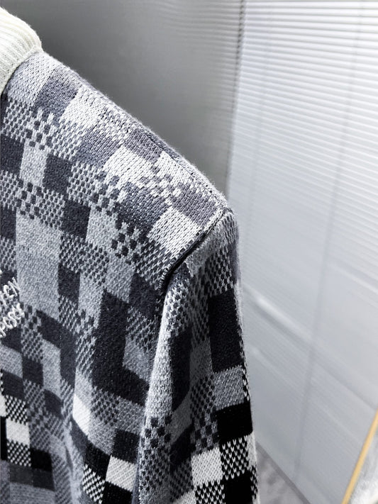 LV KNITTED SWEATER IN GRAY BLACK WHITE DAMOFLAGE MOTIF WOOL 238799
