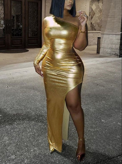 Gold One Shoulder Tight Slit Party Cocktail Maxi Dresses Charming Evening Dress Wholesale