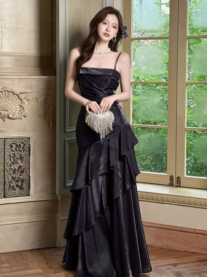Black Scoop Mermaid Straps Long Party Dress, Black Satin Long Formal Dress Prom Dress