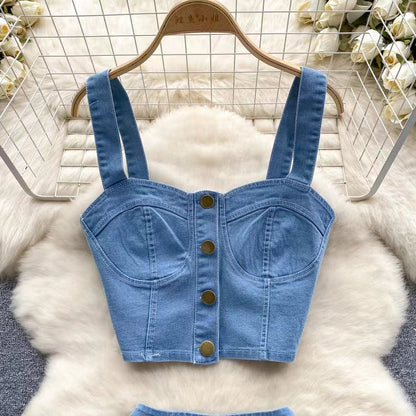 Retro Fashion Design sense Short Strap Vest and Denim Skirt Two-piece Set TP2829