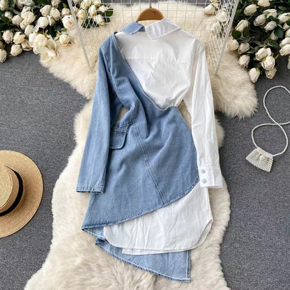 New Irregular Design Long Sleeve Shirt Patchwork Denim Style Dress TP2831