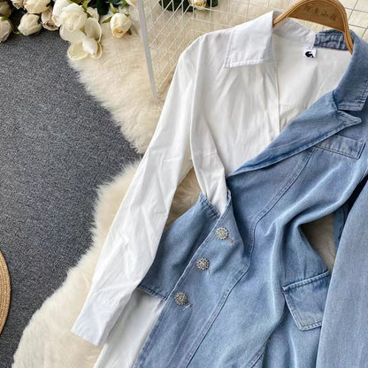 New Irregular Design Long Sleeve Shirt Patchwork Denim Style Dress TP2831