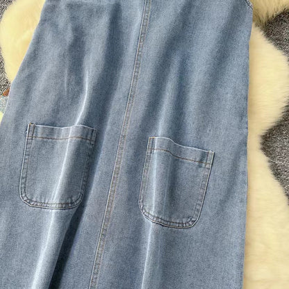 New Design Interesting Printed Literary Retro Denim Suspenders Loose Dress TP2832