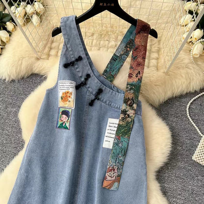New Design Interesting Printed Literary Retro Denim Suspenders Loose Dress TP2832