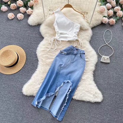 New Fashion Irregular Strap Waistcoat With Raw Edge Denim Skirt Two-piece Set TP2835
