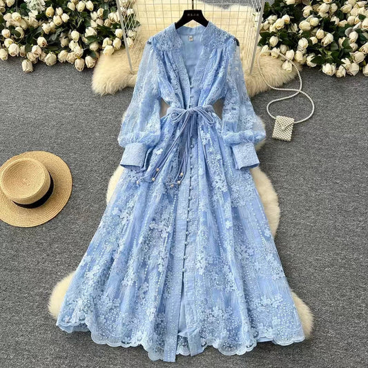 Vintage French V-neck Lantern Sleeve Single-breasted Waist Draw-in Embroidered Dress TP2839