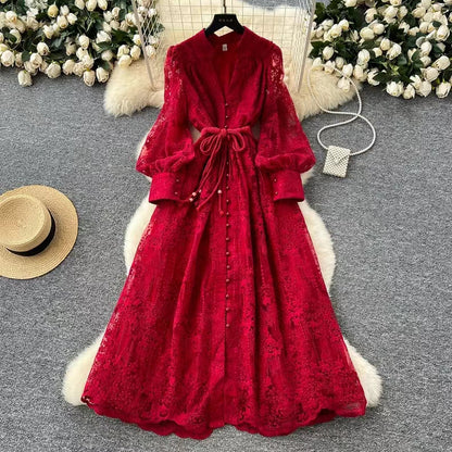 Vintage French V-neck Lantern Sleeve Single-breasted Waist Draw-in Embroidered Dress TP2839