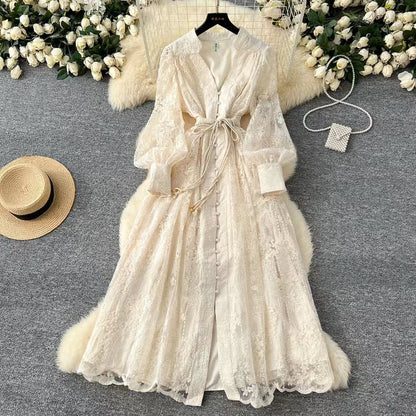 Vintage French V-neck Lantern Sleeve Single-breasted Waist Draw-in Embroidered Dress TP2839