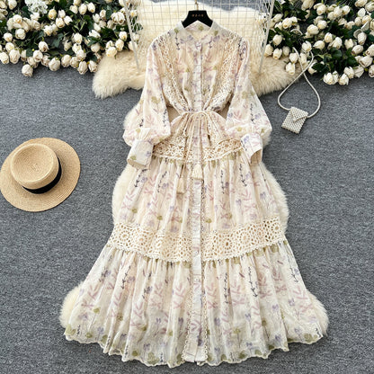 High-grade Lace Patchwork High-waisted Printed Embroidery Dress TP2842