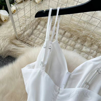Fashion French High Sense V-neck High Waist Slimming Embroidery White Spaghetti Strap Dress TP2846