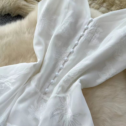 Fashion French High Sense V-neck High Waist Slimming Embroidery White Spaghetti Strap Dress TP2846
