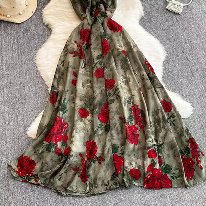 New Women Simple Fashion Spaghetti Strap High Waist Floral Dress TP2852