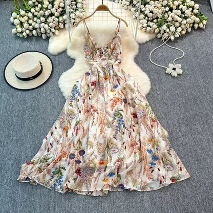 Boho Style V-neck Spaghetti Strap High-waisted Colorful Floral Dress TP2854