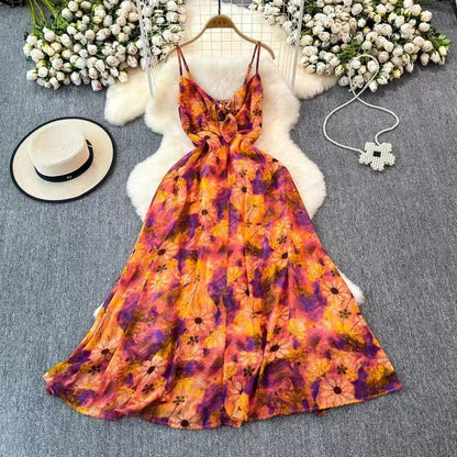 Boho Style V-neck Spaghetti Strap High-waisted Colorful Floral Dress TP2854