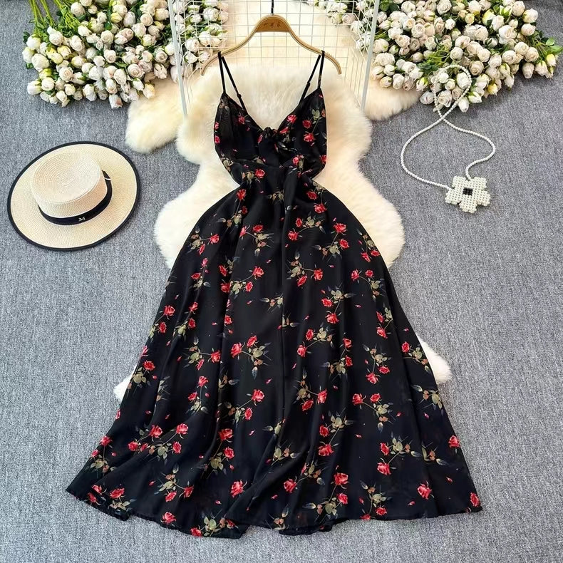 Boho Style V-neck Spaghetti Strap High-waisted Colorful Floral Dress TP2854