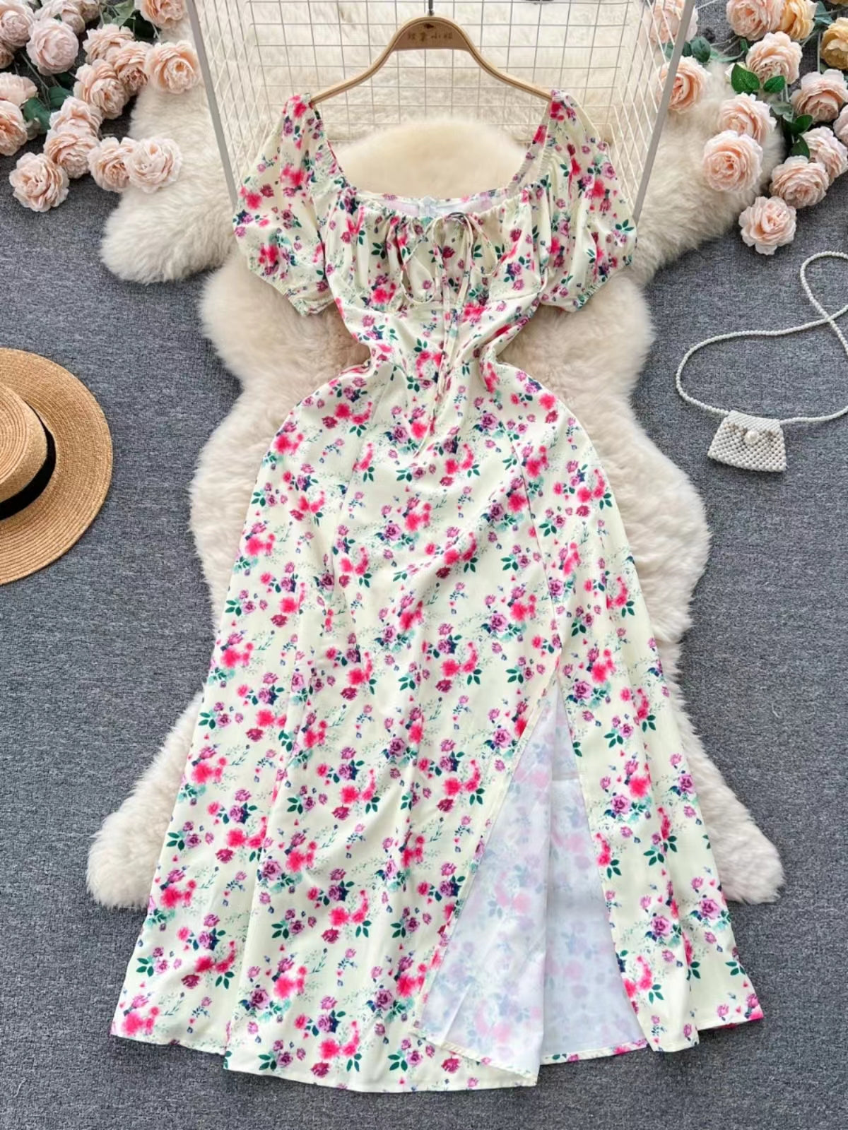 Vintage Simple Square Collar Puffed Sleeves Floral Dress TP2856