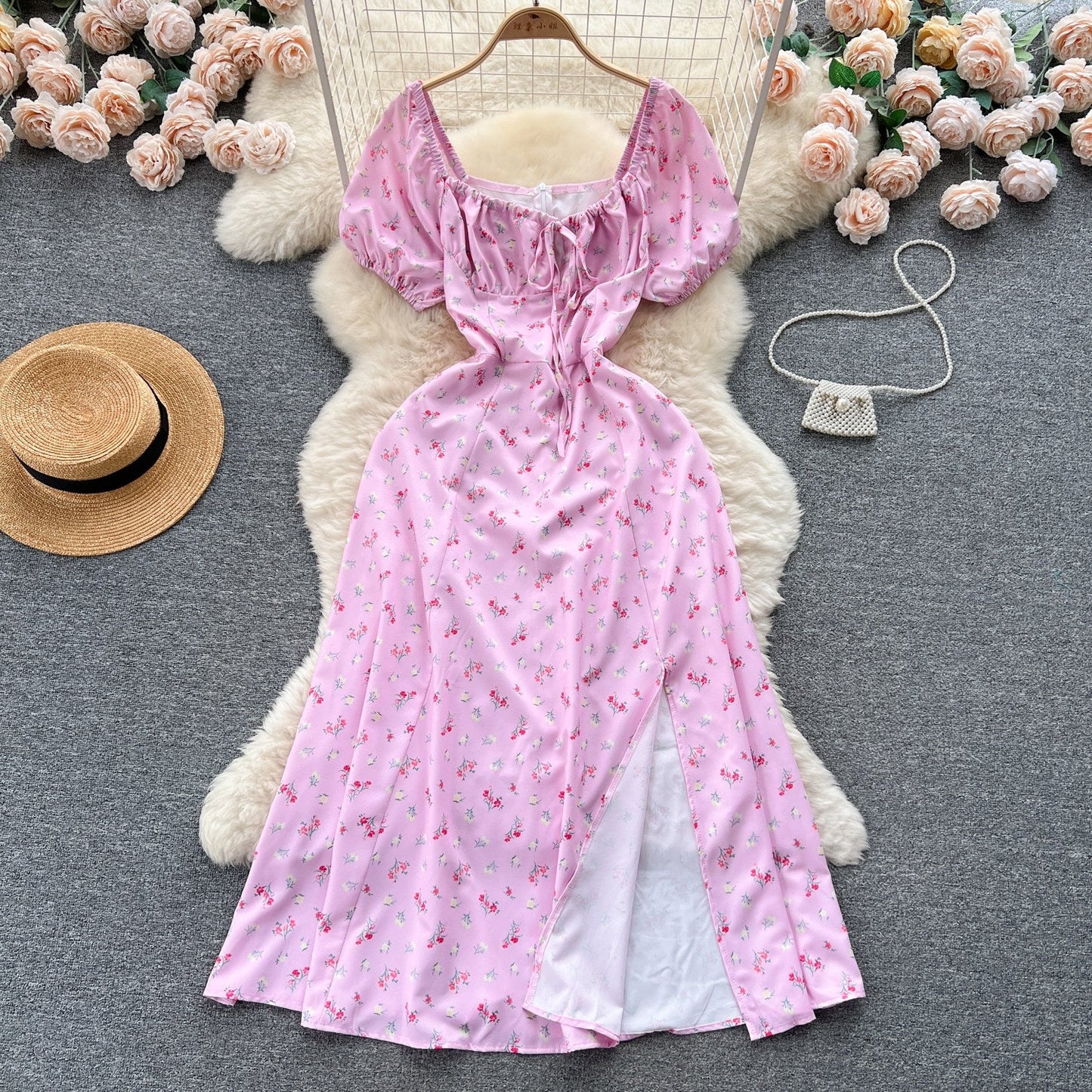 Vintage Simple Square Collar Puffed Sleeves Floral Dress TP2856