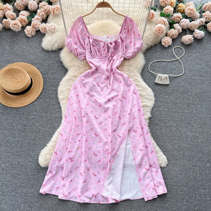 Vintage Simple Square Collar Puffed Sleeves Floral Dress TP2856