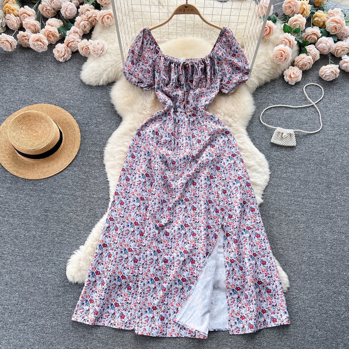 Vintage Simple Square Collar Puffed Sleeves Floral Dress TP2856